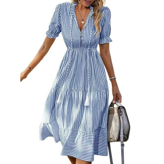 Women'S Summer Ruffle Puff Sleeve Dress Short Sleeve V Neck High Waist Casual Loose Striped Midi Dresses Royal Blue L