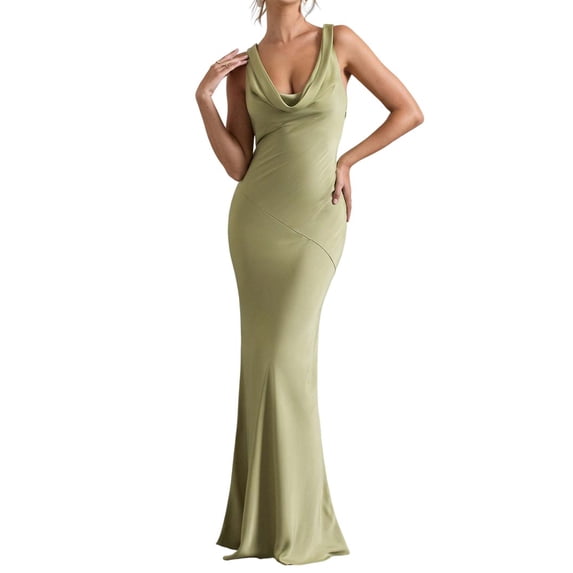 Women'S Summer Satin Backless Elegant Dress Sleeveless Cowl Neck Party Formal Maxi Dresses Green S