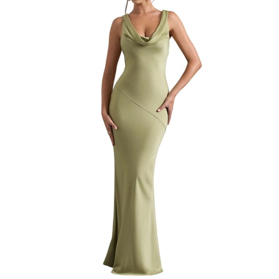 Women'S Summer Satin Backless Elegant Dress Sleeveless Cowl Neck Party Formal Maxi Dresses Green XL