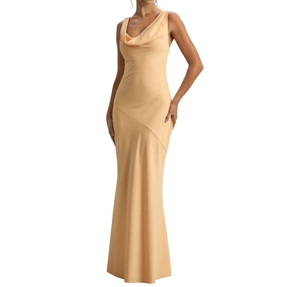 Women'S Summer Satin Backless Elegant Dress Sleeveless Cowl Neck Party Formal Maxi Dresses Yellow S