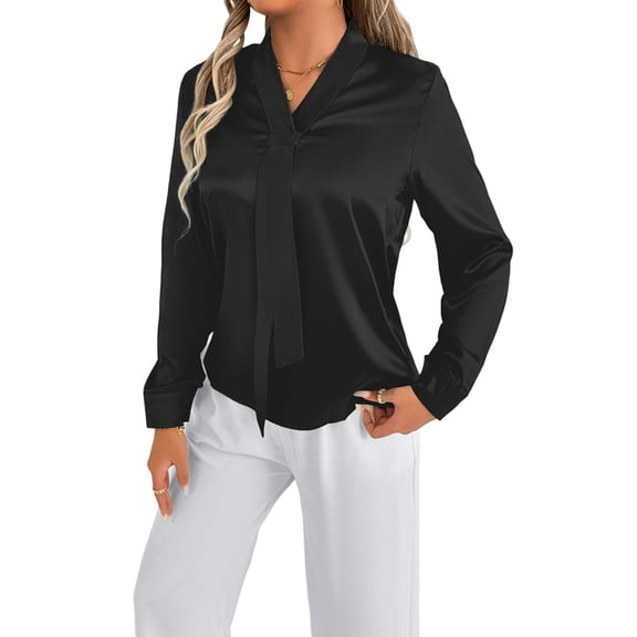 Women'S Summer Satin Blouse Solid Color Long Sleeve Shirt Elegant Casual Office Top Black S