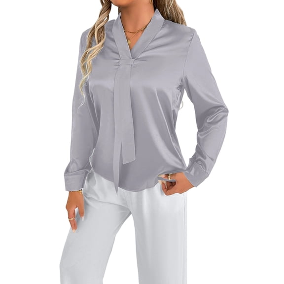 Women'S Summer Satin Blouse Solid Color Long Sleeve Shirt Elegant Casual Office Top Light Gray XL