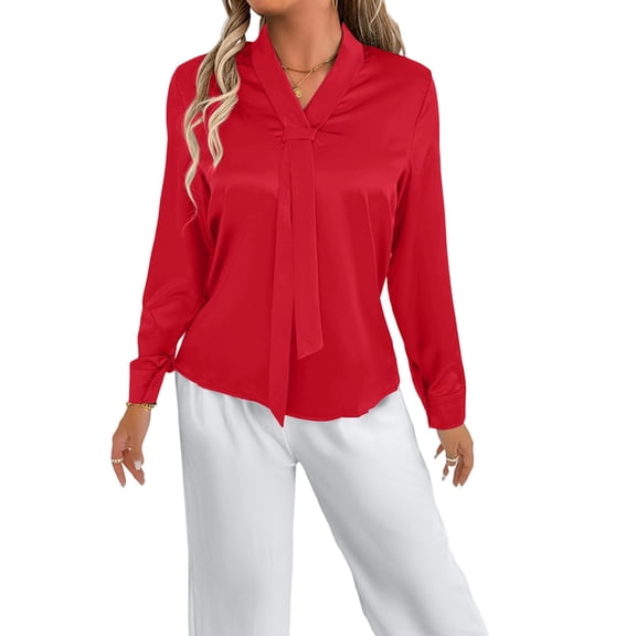 Women'S Summer Satin Blouse Solid Color Long Sleeve Shirt Elegant Casual Office Top Red M