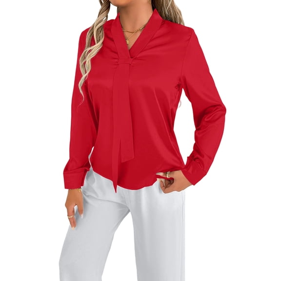 Women'S Summer Satin Blouse Solid Color Long Sleeve Shirt Elegant Casual Office Top Red XS