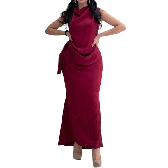 Women'S Summer Satin Dress Elegant Sleeveless Mock Neck Cocktail Party Maxi Dresses Wine Red S