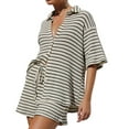 thumbnail image 1 of Women'S Summer Set Cotton Waffle Striped Shirt + Shorts Two-Piece Set Black XXL, 1 of 10