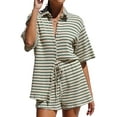 thumbnail image 1 of Women'S Summer Set Cotton Waffle Striped Shirt + Shorts Two-Piece Set Green L, 1 of 8