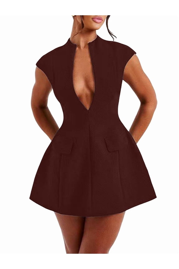 Women'S Summer Sexy- Cap Sleeve Deep V Neck Zipper A-Line Mini Dress Hollow Bodycon Night Out Party Dress Brown-Red XL