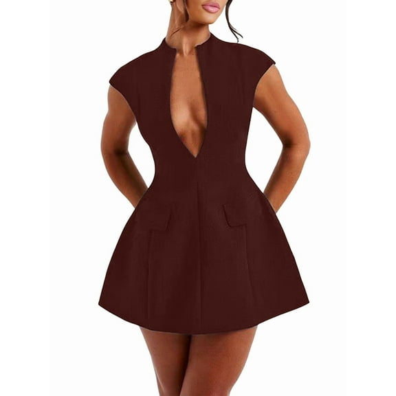 Women'S Summer Sexy- Cap Sleeve Deep V Neck Zipper A-Line Mini Dress Hollow Bodycon Night Out Party Dress Brown-Red XL