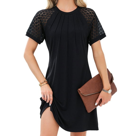 Women'S Summer Short Lace Sleeve T Shirt Dress Casual Crew Neck Pleated Front Shift Dresses Black M