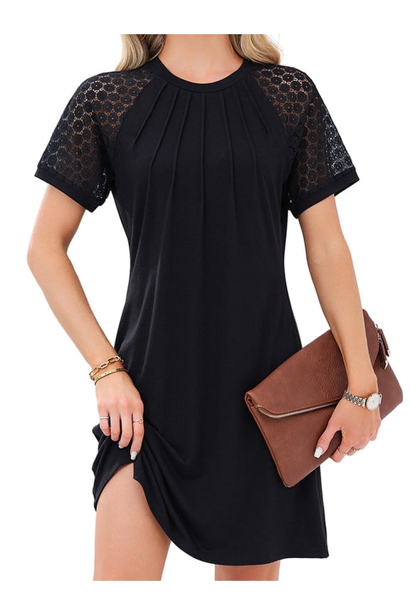 Women'S Summer Short Lace Sleeve T Shirt Dress Casual Crew Neck Pleated Front Shift Dresses Black XL