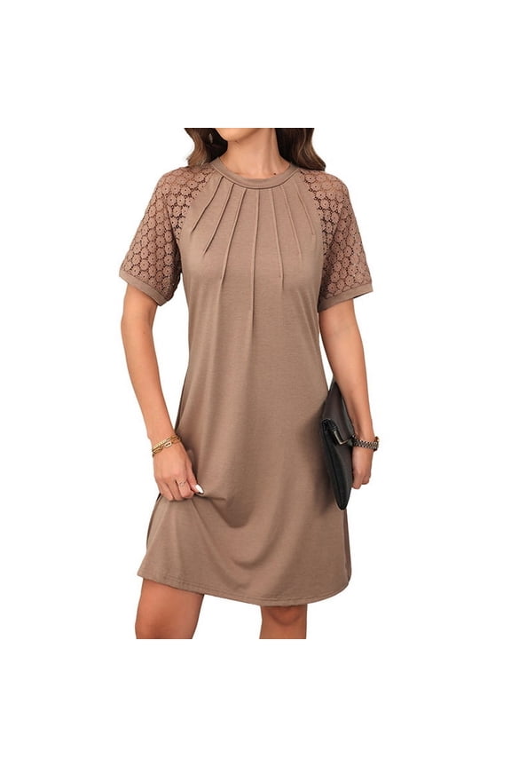 Women'S Summer Short Lace Sleeve T Shirt Dress Casual Crew Neck Pleated Front Shift Dresses Khaki M