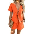 thumbnail image 1 of Women'S Summer Short Sets Front Tie V Neck Shirt Tops Matching Casual Shorts 2 Piece Outfits Orange Color M, 1 of 9