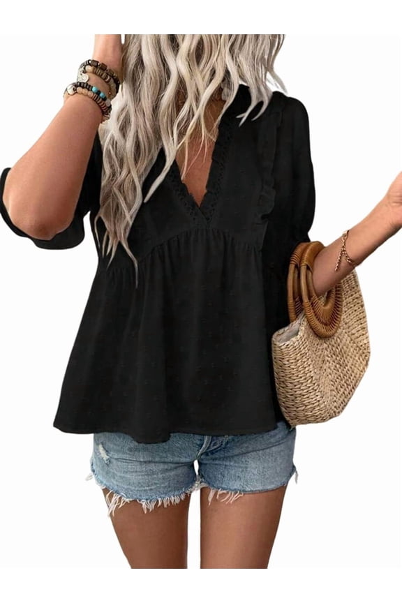 Women'S Summer Short Sleeve Babydoll Top Ruffle V Neck Dots Flowy Shirt Blouse Black M