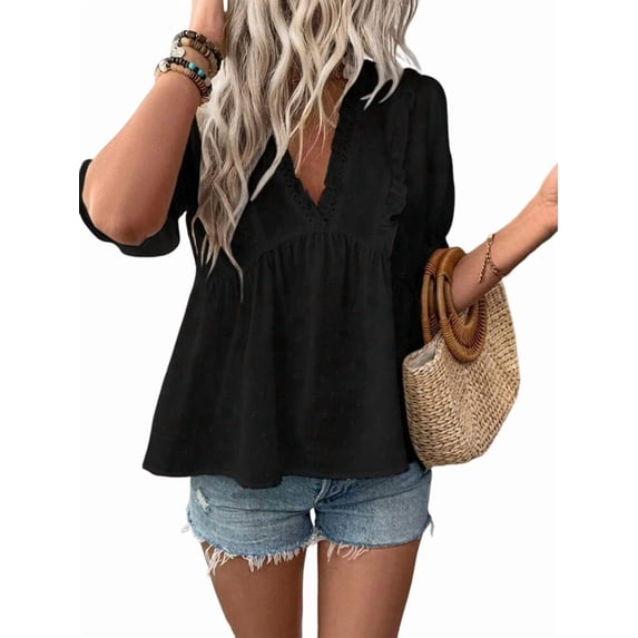 Women'S Summer Short Sleeve Babydoll Top Ruffle V Neck Dots Flowy Shirt Blouse Black XXL