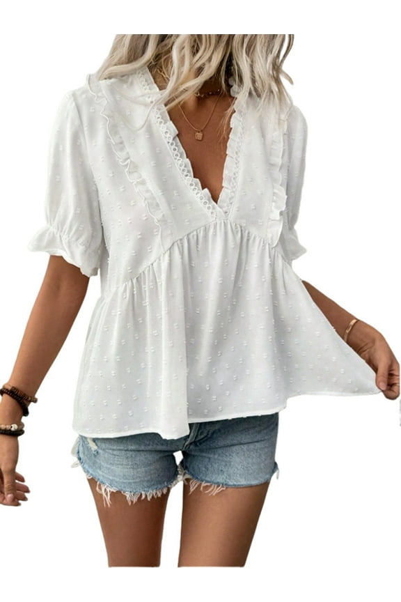 Women'S Summer Short Sleeve Babydoll Top Ruffle V Neck Dots Flowy Shirt Blouse White S