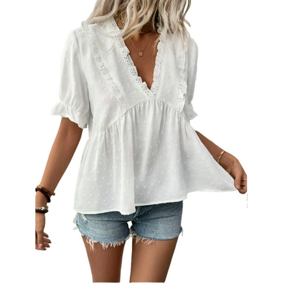 Women'S Summer Short Sleeve Babydoll Top Ruffle V Neck Dots Flowy Shirt Blouse White XL