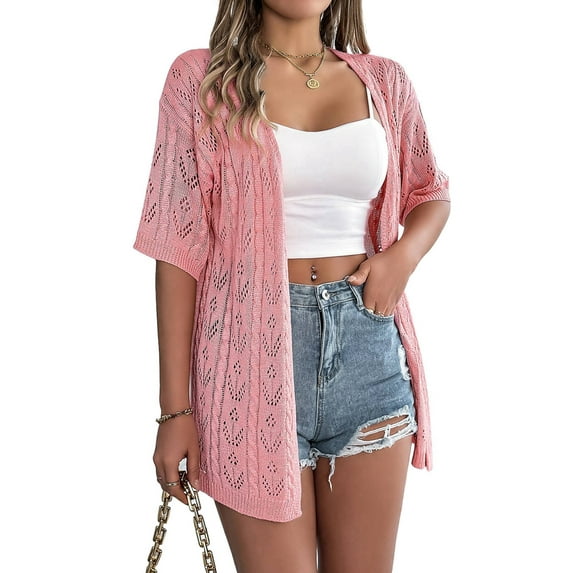 Women'S Summer Short Sleeve Crochet Cardigan Sweaters Light-Weight Boho Knit Outwear Pink S