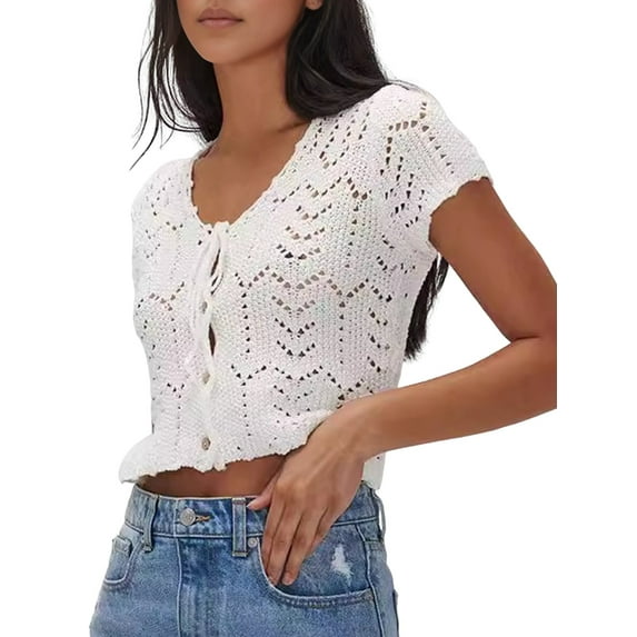 Women'S Summer Short Sleeve Crochet Shrug Tie Front Open Knit Cropped Cardigan Sweater Cover Up White S