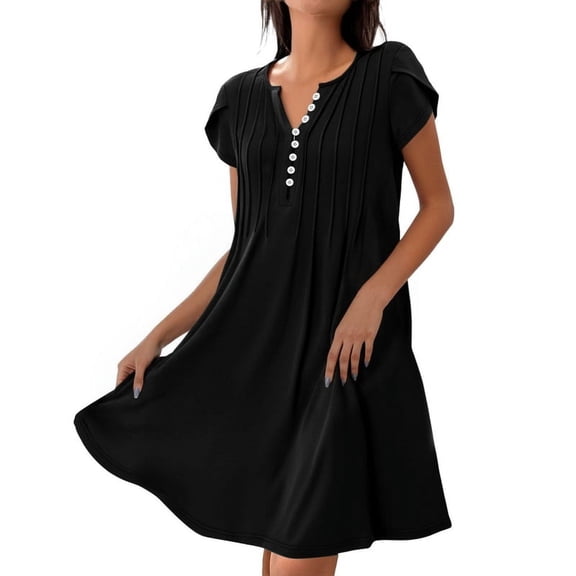 Women'S Summer Short Sleeve Dress Button V Neck Loose Fit Casual Flowy Pleated Dresses Maxi Tunic Beach Dress Black XL