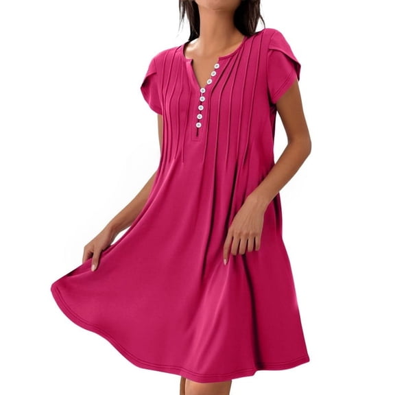 Women'S Summer Short Sleeve Dress Button V Neck Loose Fit Casual Flowy Pleated Dresses Maxi Tunic Beach Dress Rose red L