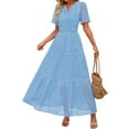 thumbnail image 1 of Women'S Summer Short Sleeve Maxi Dress Casual V Neck Hollow Out Eyelet Ruffle Swing A Line Long Dresses Light Blue L, 1 of 8