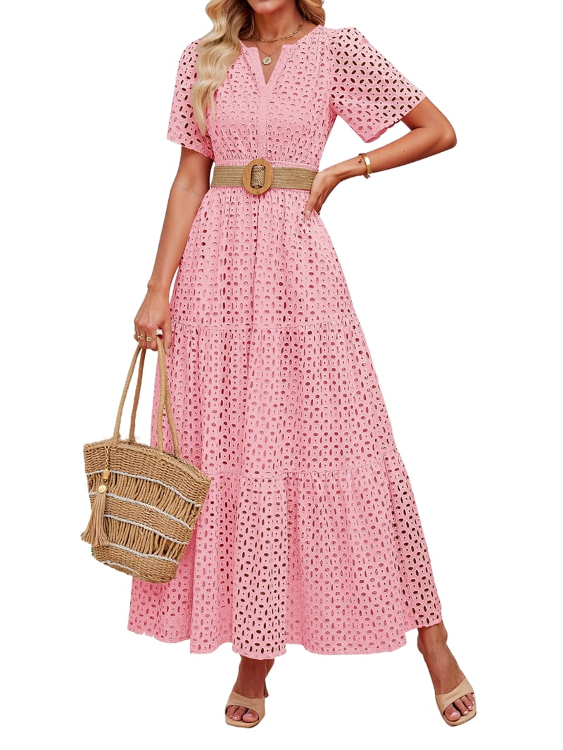 fitted lace wedding dress Solid Short Sleeve V-Neck Tiered Maxi Dress – Freckled Poppy main image 1