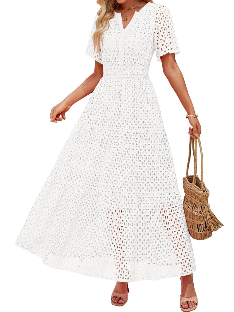 Women'S Summer Short Sleeve Maxi Dress Casual V Neck Hollow Out Eyelet Ruffle Swing A Line Long Dresses White XL - Walmart.com Women'S Summer Short Sleeve Maxi Dress Casual V Neck Hollow Out Eyelet Ruffle Swing A Line Long Dresses White XL - Walmart.com
