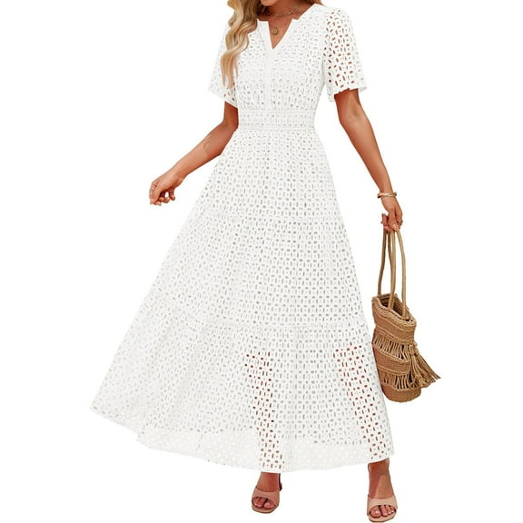 Women'S Summer Short Sleeve Maxi Dress Casual V Neck Hollow Out Eyelet Ruffle Swing A Line Long Dresses White XS