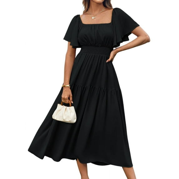 Women'S Summer Short Sleeve Square Neck Smocked Waist Casual Vacation Tiered Flowy Maxi Dress Black XL