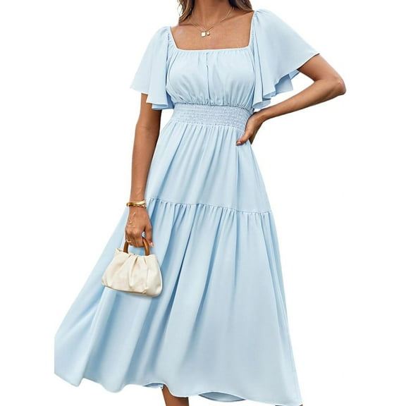 Women'S Summer Short Sleeve Square Neck Smocked Waist Casual Vacation Tiered Flowy Maxi Dress Light Blue L