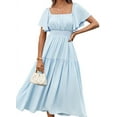 thumbnail image 1 of Women'S Summer Short Sleeve Square Neck Smocked Waist Casual Vacation Tiered Flowy Maxi Dress Light Blue M, 1 of 6