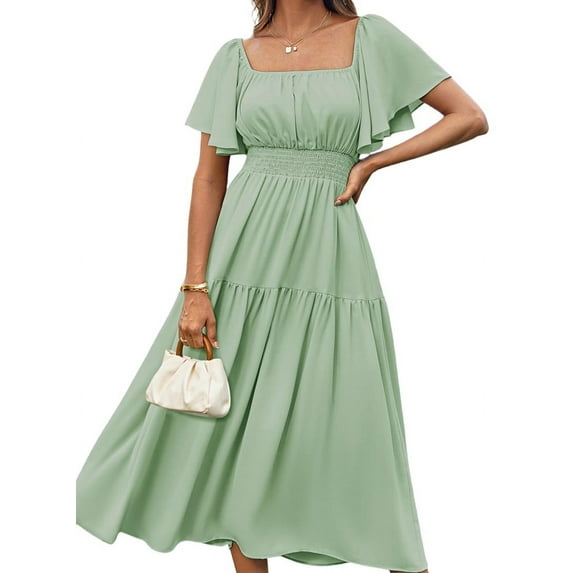 Women'S Summer Short Sleeve Square Neck Smocked Waist Casual Vacation Tiered Flowy Maxi Dress Light Green L