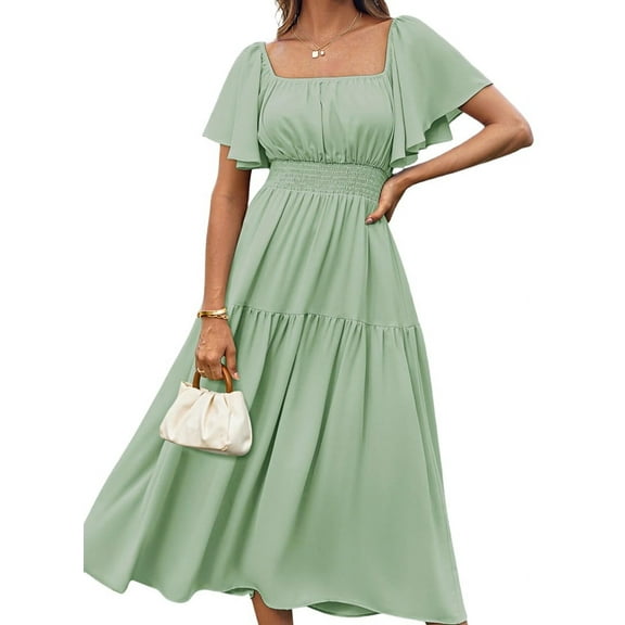 Women'S Summer Short Sleeve Square Neck Smocked Waist Casual Vacation Tiered Flowy Maxi Dress Light Green XXL