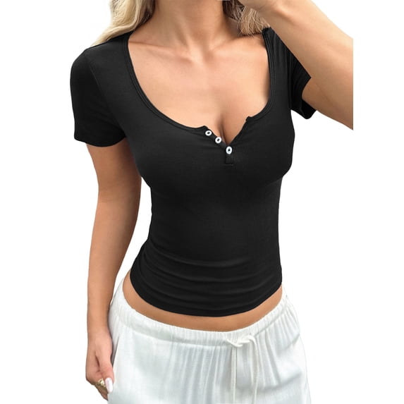 Women'S Summer Short Sleeve Tops Ribbed Henley Button Slim Fit Basic Casual T Shirts Black XL