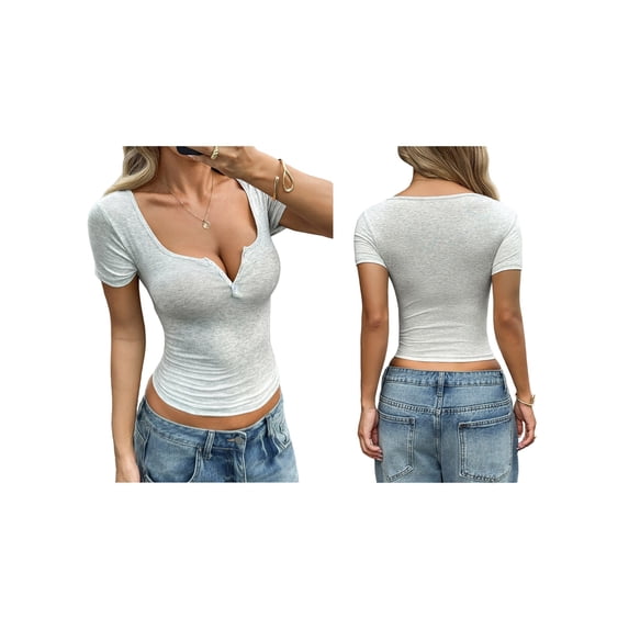 Women'S Summer Short Sleeve Tops Ribbed Henley Button Slim Fit Basic Casual T Shirts Gray M
