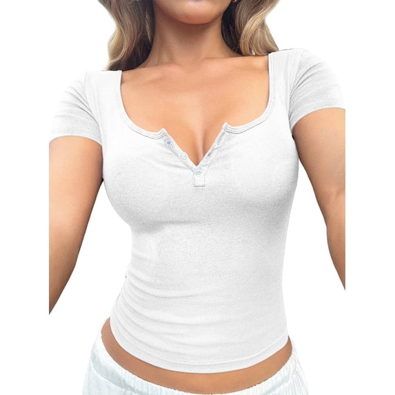 Women'S Summer Short Sleeve Tops Ribbed Henley Button Slim Fit Basic Casual T Shirts White M