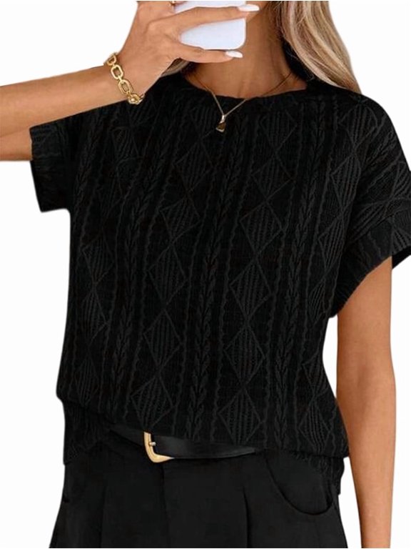 Women'S Summer Short Sleeve Tops Textured Knit Crew Neck Tees Teacher Shirts Black S