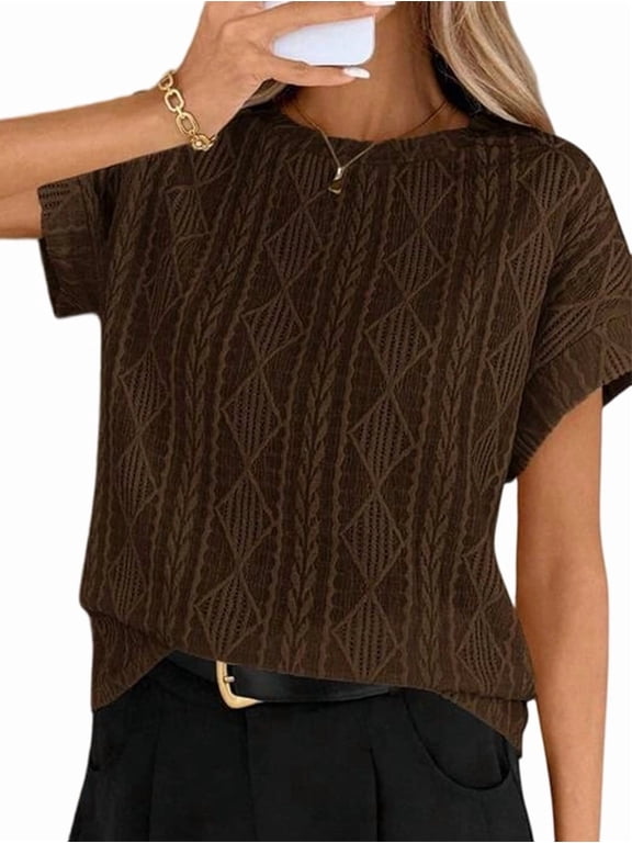 Women'S Summer Short Sleeve Tops Textured Knit Crew Neck Tees Teacher Shirts Brown XXL