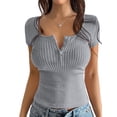 thumbnail image 1 of Women'S Summer Short Sleeve U Neck T Shirts Casual Ribbed Button Henley Knit Tops Blouse Grey XL, 1 of 9
