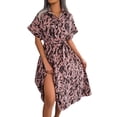 thumbnail image 1 of Women'S Summer Short Sleeve Work Dresses Tie Waist Button Down Print Midi A-Line Shirt Dress Pink M, 1 of 10