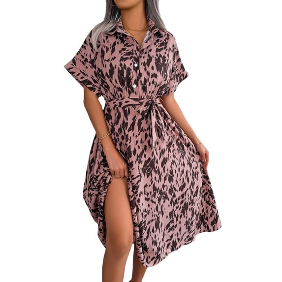 Women'S Summer Short Sleeve Work Dresses Tie Waist Button Down Print Midi A-Line Shirt Dress Pink M