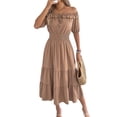 thumbnail image 1 of Women'S Summer Short Sleeves Ruffled Off Shoulder A-Line Midi Dresses Khaki L, 1 of 9