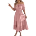 thumbnail image 1 of Women'S Summer Short Sleeves Ruffled Off Shoulder A-Line Midi Dresses Pink L, 1 of 10
