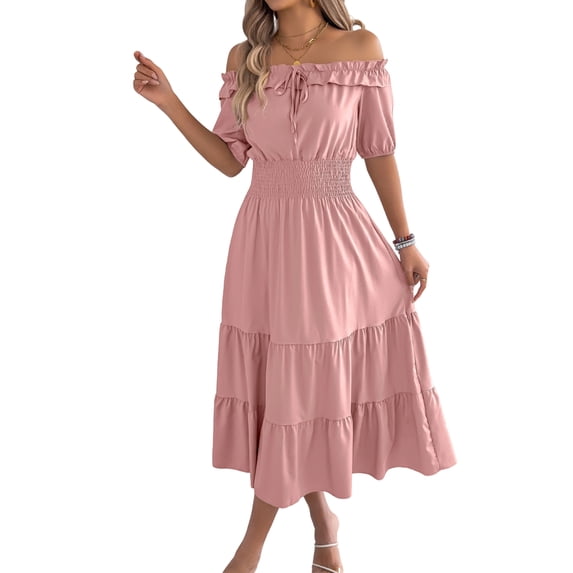 Women'S Summer Short Sleeves Ruffled Off Shoulder A-Line Midi Dresses Pink L