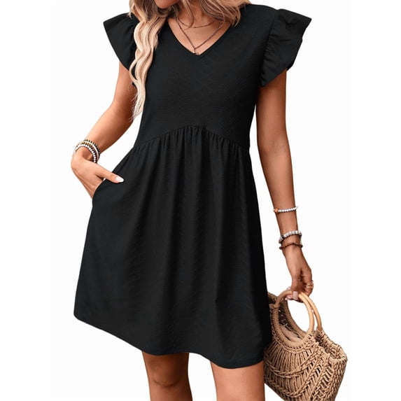 Women'S Summer Short Sundress Casual V Neck Ruffle Sleeve Mini Dress with Pockets Black L