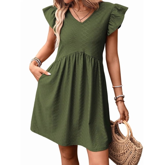 Women'S Summer Short Sundress Casual V Neck Ruffle Sleeve Mini Dress with Pockets Green S