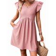 thumbnail image 1 of Women'S Summer Short Sundress Casual V Neck Ruffle Sleeve Mini Dress with Pockets Red Bean Powder XL, 1 of 9