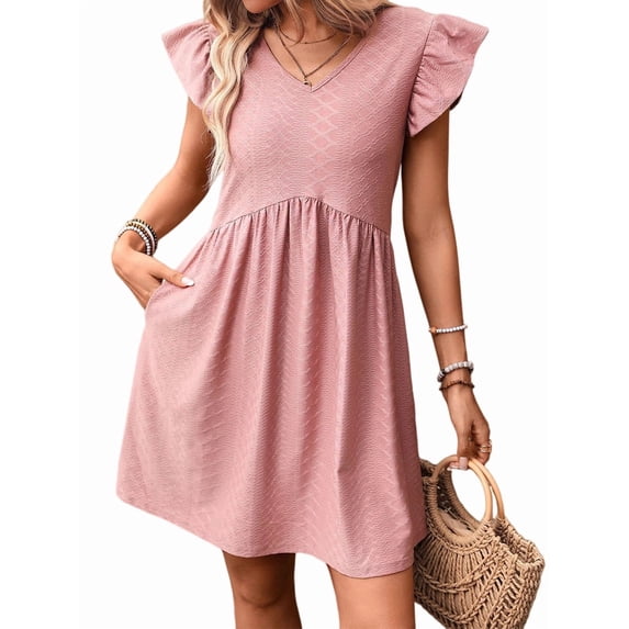 Women'S Summer Short Sundress Casual V Neck Ruffle Sleeve Mini Dress with Pockets Red Bean Powder XL