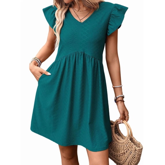 Women'S Summer Short Sundress Casual V Neck Ruffle Sleeve Mini Dress with Pockets XL